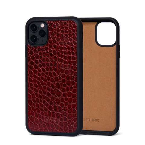 Ốp da thật IPhone 11 Pro - Lót Trong lethnic Đỏ Vân Cá 