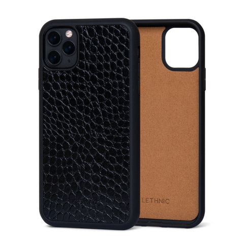 Ốp da thật IPhone 11 Pro Max - Lót Trong lethnic Đen Vân Cá 